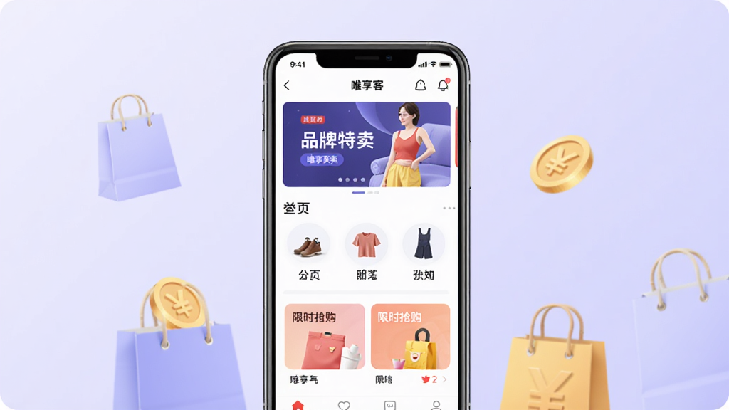 唯享客软件主界面展示,画面中央放置一部智能手机,屏幕显示唯享客APP首页,包含品牌特卖横幅、商品分类图标和限时抢购模块,背景为柔和的浅紫色渐变,周围点缀购物袋和金币元素,风格简洁现代,画质清晰,干净无多余元素