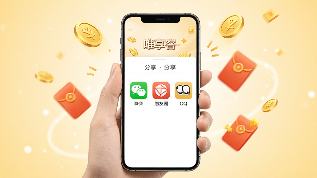 唯享客分享赚佣金功能展示,画面中一只手拿着手机,屏幕上显示分享面板,包含微信、朋友圈、QQ等图标,手机周围环绕金币和红包元素,背景为淡金色渐变,风格活泼明快,画质清晰,干净无多余元素
