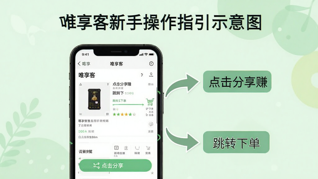 唯享客新手操作指引示意图,画面中一部手机显示唯享客商品详情页,旁边用箭头标注“点击分享赚”和“跳转下单”步骤,背景为浅绿色清新风格,画质清晰,干净无多余元素