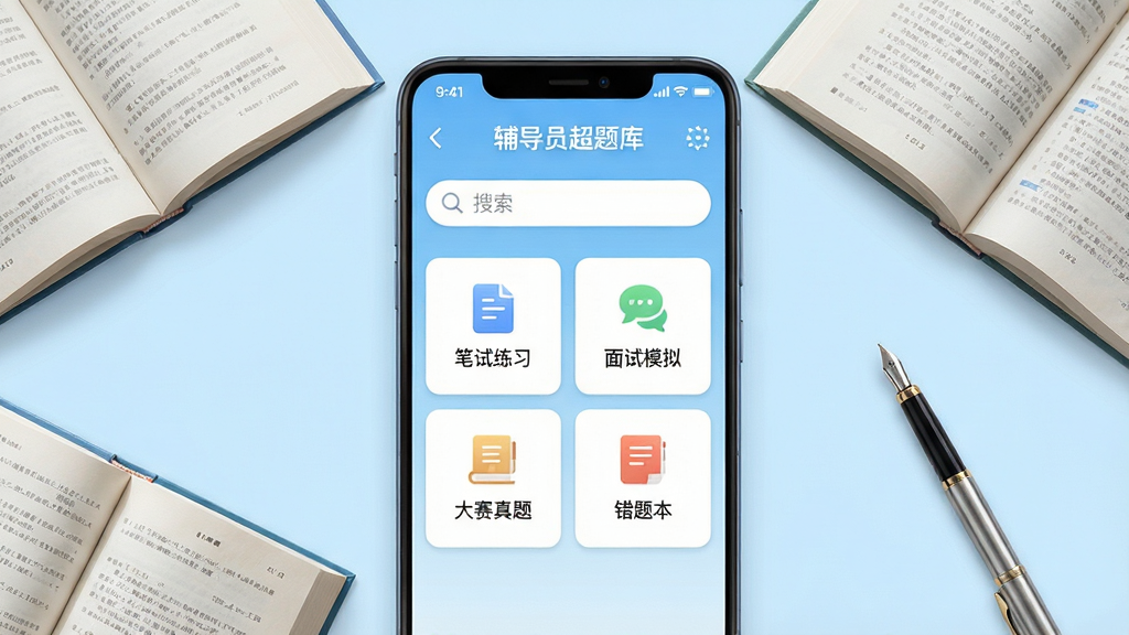 一张展示安卓手机屏幕的预览图,画面中央是“辅导员超题库”应用主界面,界面顶部有搜索框,下方排列着“笔试练习”“面试模拟”“大赛真题”“错题本”等功能入口卡片,背景为浅蓝色渐变,手机周围环绕着几本翻开的书籍和一支笔,整体风格清新简洁,画质清晰,干净无多余元素