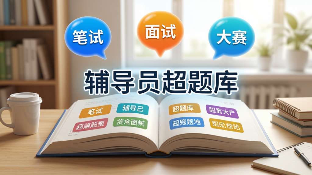 一幅AI生图,画面主体是一本打开的巨大电子题库书,书页上浮现出“辅导员超题库”字样和各类题目标签,书的上方有“笔试”“面试”“大赛”三个悬浮气泡,背景是明亮的书房环境,书桌上放着咖啡杯和笔记本,风格写实温馨,细节丰富,画质高清,干净无多余元素