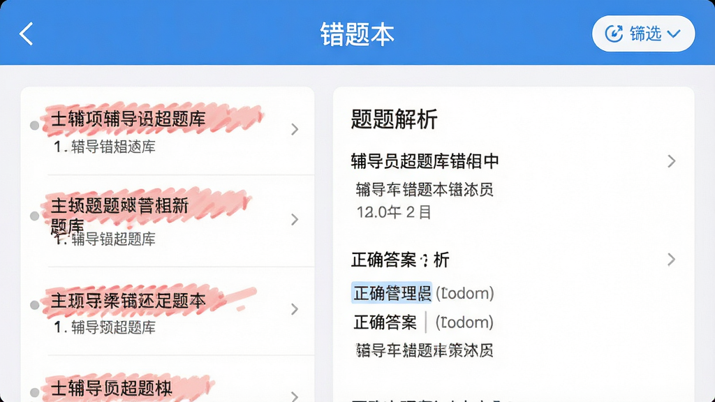 一张手机应用界面截图风格的图片,画面展示“辅导员超题库”的错题本页面,左侧有红色标记的错题列表,右侧显示题目解析和正确答案,界面配色为蓝白相间,顶部有“错题本”标题和筛选按钮,整体布局清晰,画质锐利,干净无多余元素
