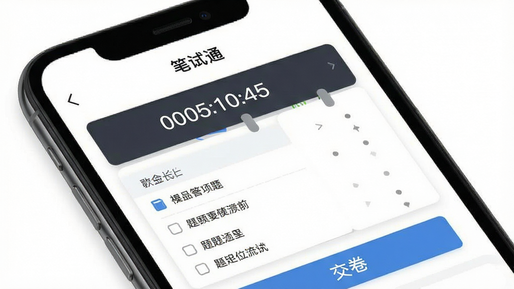 “笔试通”软件模拟考试界面展示图,手机屏幕内显示倒计时、答题卡、题目选项与交卷按钮,背景为白色,界面布局清晰,风格简洁商务,画质干净,无多余元素