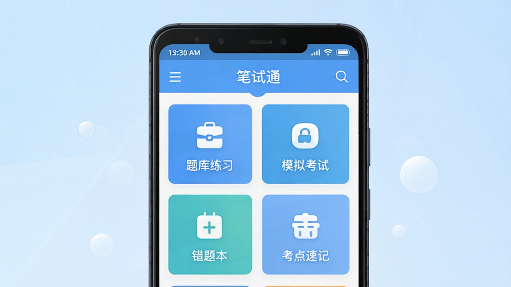 一张展示“笔试通”手机应用主界面的竖版海报,画面中央是一部安卓手机,屏幕内显示“笔试通”软件首页,包含题库练习、模拟考试、错题本、考点速记四个功能入口,背景为浅蓝色渐变,整体风格简洁清新,排版整齐,细节清晰,画质干净,无多余元素