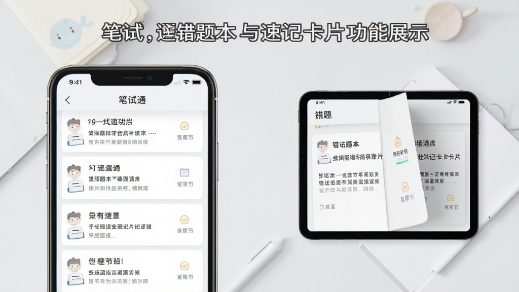 “笔试通”错题本与速记卡片功能展示图,画面左侧为手机错题列表界面,右侧为速记卡片翻转效果,背景为浅灰色,风格清爽素雅,细节清晰,画质干净,无多余元素