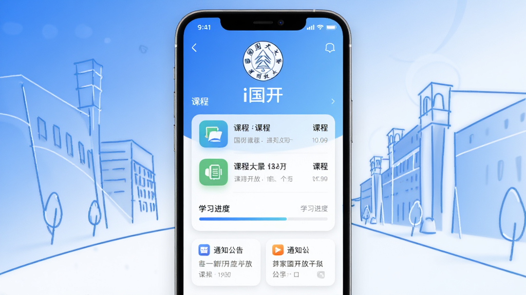 手机屏幕中央显示“i国开”应用主界面,背景是蓝白渐变色的校园抽象线条,顶部有国家开放大学校徽图标,界面中展示课程列表、学习进度条和通知公告卡片,画面布局采用竖版手机展示图,风格简洁现代,细节包括圆角图标和柔和阴影,画质清晰,干净,无多余元素