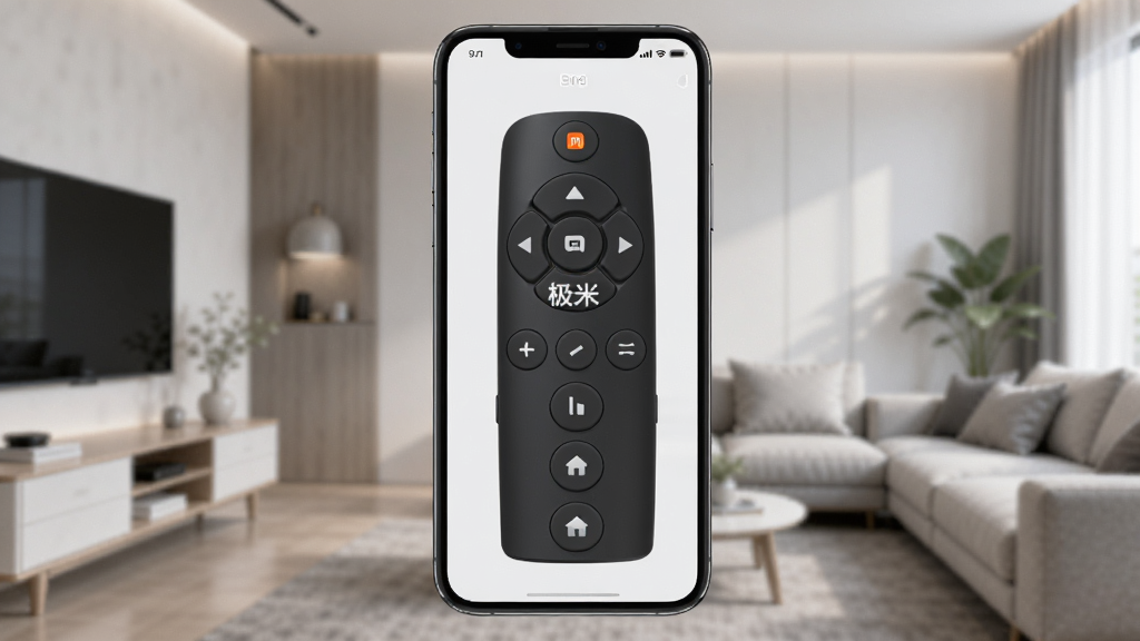 一张展示极米APP手机端界面的图片,主体是一部智能手机,屏幕上显示极米APP的遥控器界面,布局为手机居中放置,背景是客厅环境,风格为现代简约科技风,细节包括屏幕上的方向键、音量键、主页键等虚拟按钮,画质清晰,干净,无多余元素,图片中打文字“极米”,整体画面明亮,无杂乱背景。