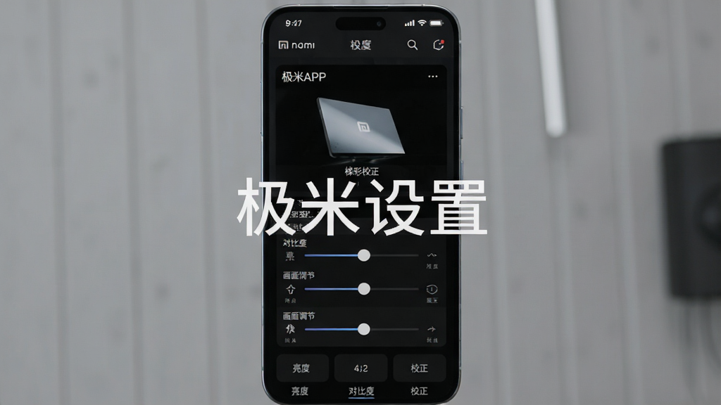 一张展示极米APP设置界面的图片,主体是手机屏幕,布局为居中展示,屏幕上显示梯形校正和画面调节的滑动条,风格为科技感UI设计,细节包括亮度、对比度、校正等选项,画质清晰,干净,无多余元素,图片中打文字“极米设置”,整体界面简洁。