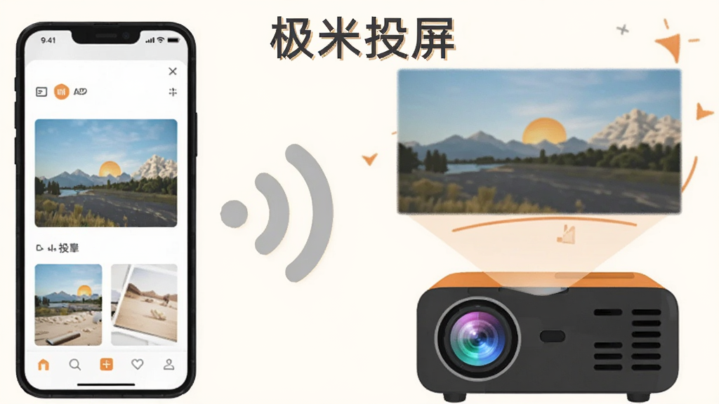 一张展示极米APP投屏功能的图片,主体是手机和投影仪,布局为手机在左、投影仪在右,中间有无线信号波纹连接,风格为扁平化插画风,细节包括手机屏幕显示照片、投影仪投射出大画面,画质清晰,干净,无多余元素,图片中打文字“极米投屏”,整体色调温馨。