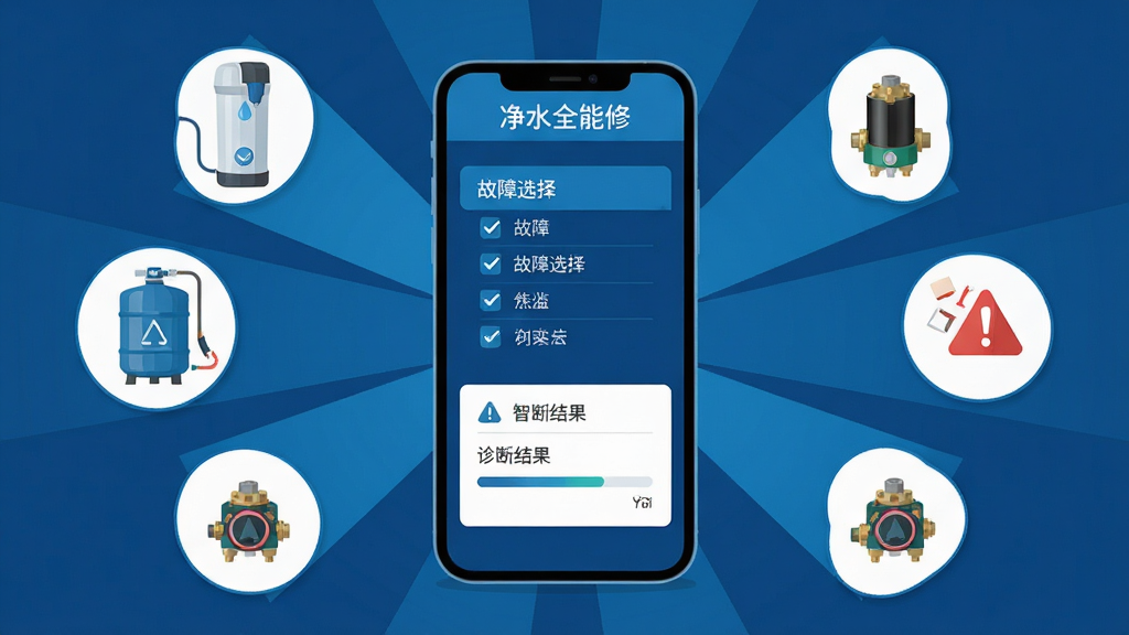 净水全能修智能故障诊断界面,画面中央手机屏幕显示故障选择菜单和诊断结果页面,周围环绕净水器、压力桶、电磁阀等零部件图标,主体为手机与诊断界面,布局采用放射状视觉引导,风格为科技蓝调扁平化,细节包含勾选按钮、进度条、警示图标,画质清晰,干净,无多余元素