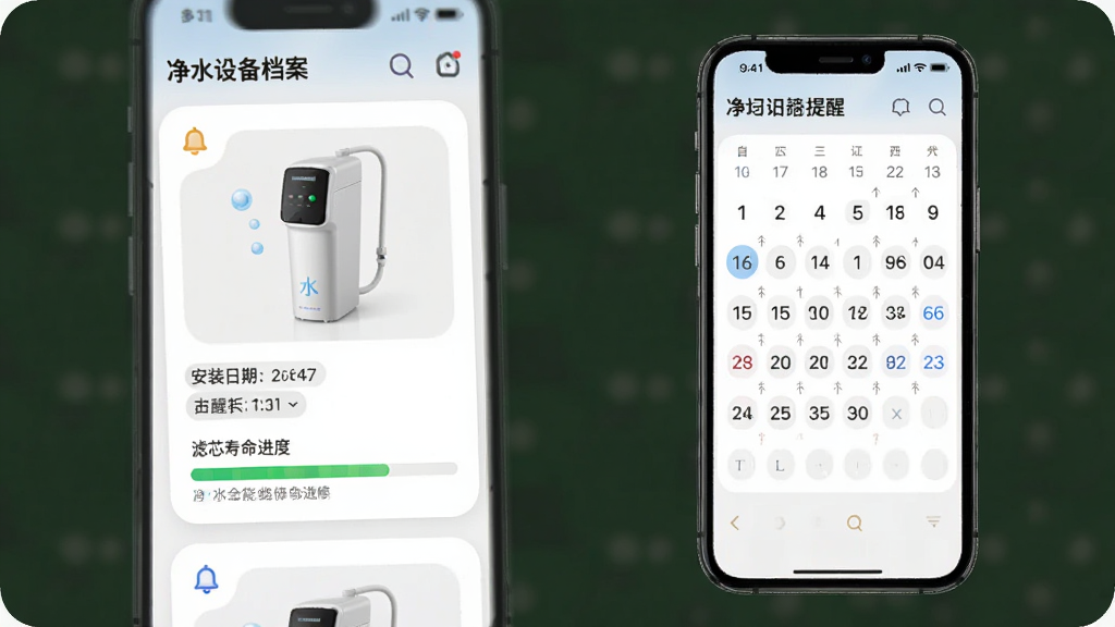 净水全能修维修记录与提醒界面,画面为手机屏幕显示设备档案卡片和日历提醒列表,卡片上有净水器图片、安装日期、滤芯寿命进度条,主体为手机与界面,布局采用纵向卡片流,风格为柔和圆角卡片风,细节包含铃铛提醒图标、进度条、日期标签,画质清晰,干净,无多余元素