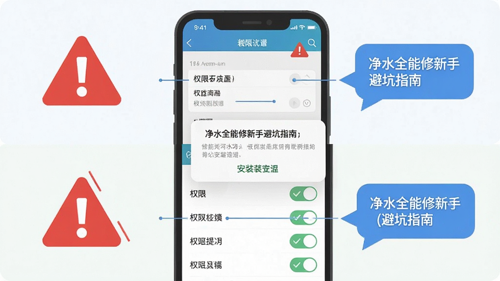 净水全能修新手避坑指南图示,画面为一部手机显示权限设置界面和安装提示弹窗,旁边有红色警示标志和蓝色提示气泡,主体为手机与界面,布局采用上下分层,上方为安装界面,下方为权限开关列表,风格为扁平化信息图,细节包含勾选按钮、警告三角、文字标注框,画质清晰,干净,无多余元素