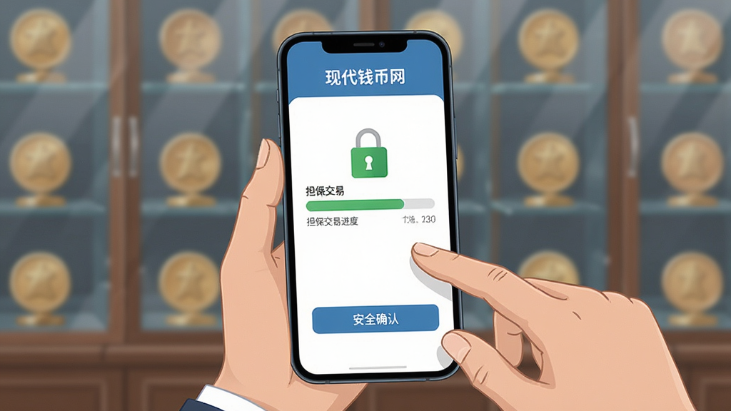 画面主体为两只手在手机屏幕上完成「现代钱币网」交易确认动作,手机界面显示担保交易进度条与安全锁图标;布局以手机为中心,背景为虚化的钱币陈列柜;风格为安全可信的商务插画风;细节上手指动作自然,界面元素清晰;画质高清,画面干净,无多余元素。