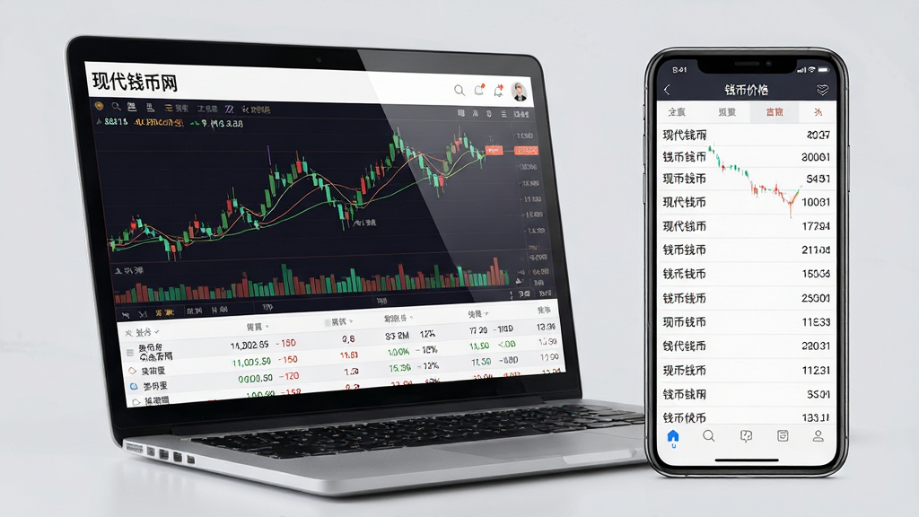 画面主体为一台打开的笔记本电脑与一部手机并排摆放,笔记本屏幕上显示「现代钱币网」的K线行情图与数据表格,手机屏幕同步展示钱币价格列表;布局采用左右对比的排版方式,背景为简洁的浅灰色;风格偏向商务数据分析感;细节上屏幕反光自然,图表线条清晰锐利;画质高清,画面干净整洁,无多余元素。