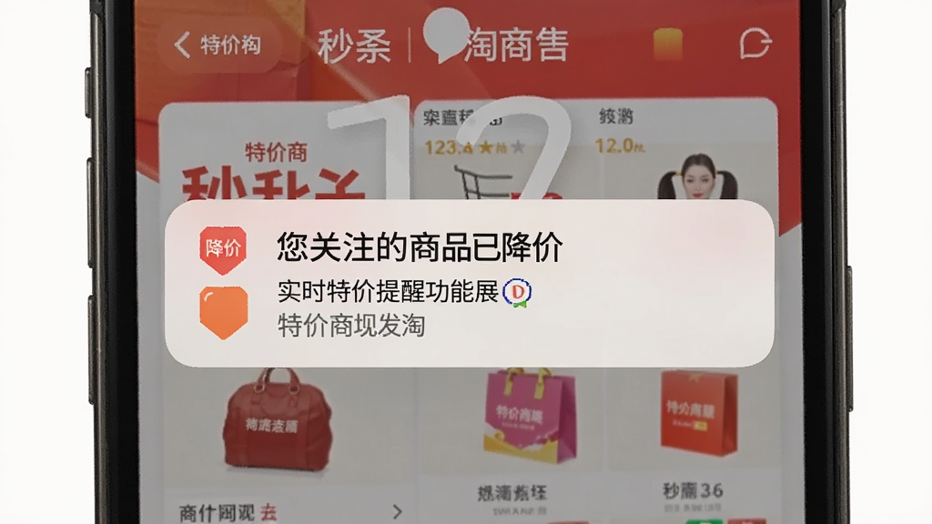 特价商城批发淘实时特价提醒功能展示,画面展示手机锁屏界面弹出特价提醒通知,通知内容显示“您关注的商品已降价”,手机背景为特价商城批发淘App的秒杀页面,风格现代,细节清晰,画质干净,无多余元素