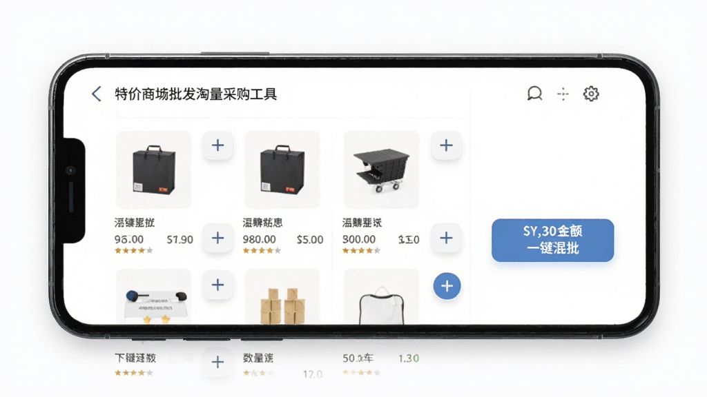 特价商城批发淘批量采购工具界面图,画面展示手机屏幕上的采购车页面,包含多个商品条目、数量加减按钮和合计金额,旁边有“一键混批”按钮,背景为简洁的白色,风格商务清新,细节清晰,画质干净,无多余元素