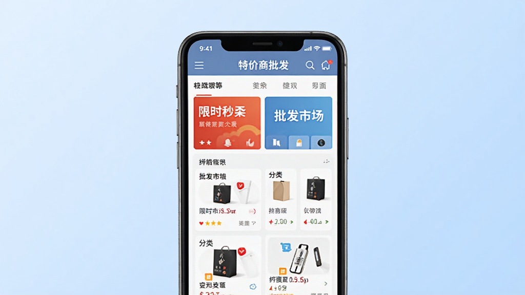 特价商城批发淘软件主界面展示,画面中央放置一部智能手机,屏幕显示特价商城批发淘App首页,包含限时秒杀、批发市场、分类导航等模块,背景为浅蓝色渐变,风格简洁现代,细节清晰,画质干净,无多余元素
