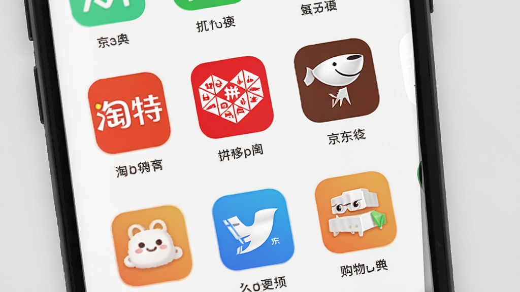 特价商城批发淘同类应用推荐场景图,画面展示手机屏幕上排列着多个购物App图标,包括淘特、拼多多、京东等,背景为浅灰色,风格简约商务,细节清晰,画质干净,无多余元素