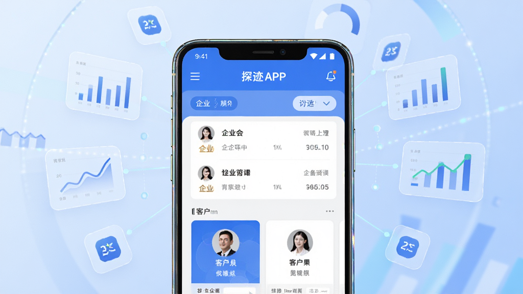 画面中央放置一部安卓手机,手机屏幕显示探迹APP的首页界面,界面中包含企业列表、筛选按钮和客户画像卡片,手机周围环绕半透明的数据图表、企业图标和连接线条,布局采用中心辐射式排版,风格为现代科技商务风,细节上手机边缘有轻微反光,背景为浅蓝色渐变,画质高清,干净,无多余元素