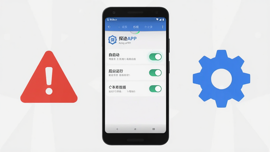 画面中央为一部安卓手机,手机屏幕显示探迹APP的权限设置页面,页面中有自启动、后台运行等开关按钮,手机旁边有一个红色的警示三角图标和一个蓝色的齿轮图标,布局采用中心对称排版,风格为扁平化警示提示风,细节上开关按钮有高亮效果,背景为浅灰色,画质高清,干净,无多余元素