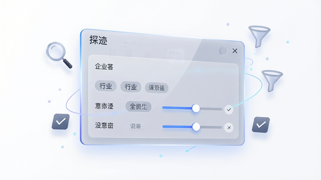 画面主体为一块悬浮在半空中的半透明数据面板,面板上排列着企业名称、行业标签和筛选滑块,面板周围飘浮着放大镜、漏斗和勾选图标,布局采用左右均衡排版,风格为简约商务科技风,细节上面板边缘有柔和光晕,背景为干净的白色,画质高清,干净,无多余元素,面板顶部有