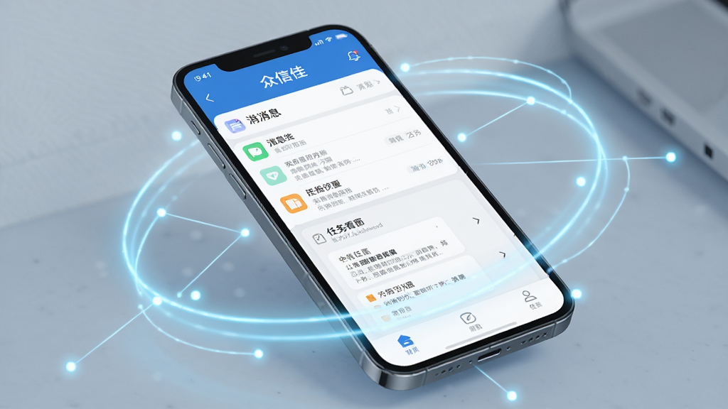 画面主体为一部智能手机,屏幕中展示“众信佳”应用主界面,界面包含消息列表与任务看板,布局清晰,排版采用上下结构,风格为现代简约商务风,细节上手机周围环绕着淡蓝色光效与连接线条,画质高清,干净,无多余元素