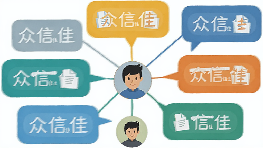 画面主体为多个聊天气泡与用户头像组成的协作网络,布局采用中心辐射式,排版错落有致,风格为扁平化插画风,细节上气泡内带有“众信佳”字样与文件图标,画质清晰,干净,无多余元素