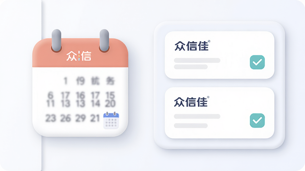 画面主体为一块任务看板与日历图标组合,布局采用左右分栏,排版整洁,风格为柔和圆角商务风,细节上任务卡片带有“众信佳”标识与勾选状态,画质高清,干净,无多余元素