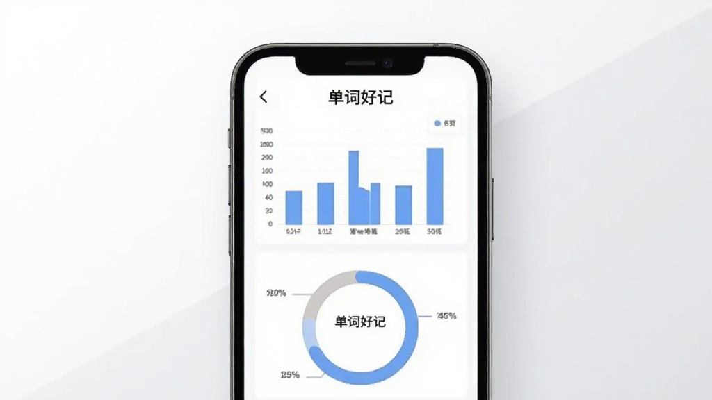 一张展示单词好记学习数据统计页面的手机界面图,画面中央是手机屏幕显示柱状图与环形进度条,标注