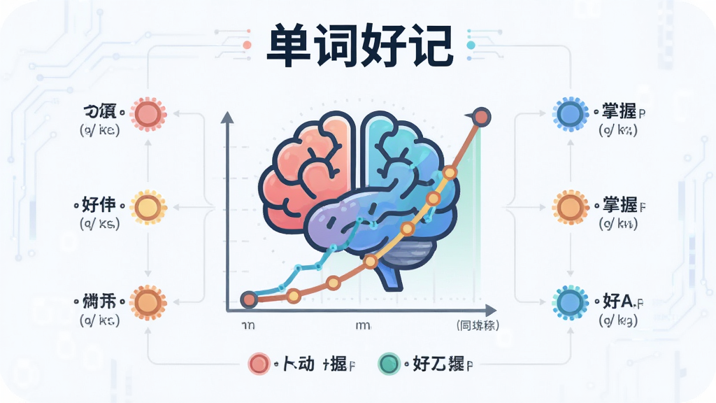 一张展示单词好记智能记忆算法的信息图,画面中心是一个大脑图标与记忆曲线图表相结合,周围有