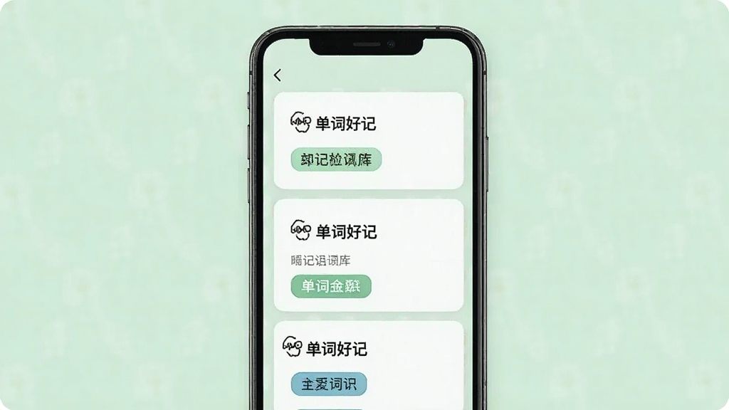 一张展示单词好记词库分类界面的手机截图风格图,画面中央是一部手机屏幕显示多个词库卡片整齐排列,卡片上有