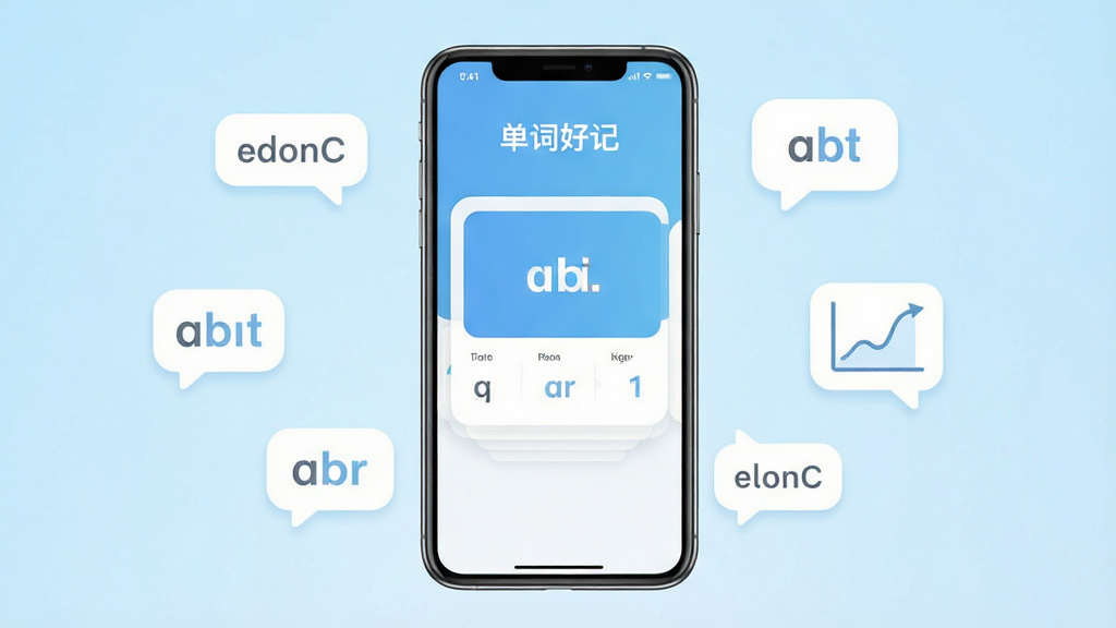 一张展示单词好记软件界面的手机样机图,画面中央是一部竖屏智能手机,屏幕内显示单词好记APP的单词卡片学习页面,上方有