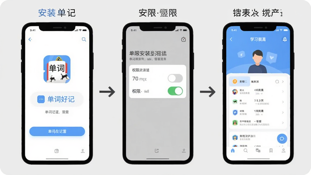 一张展示单词好记在手机端安装与权限设置流程的示意图,画面分为三个步骤手机界面,分别显示