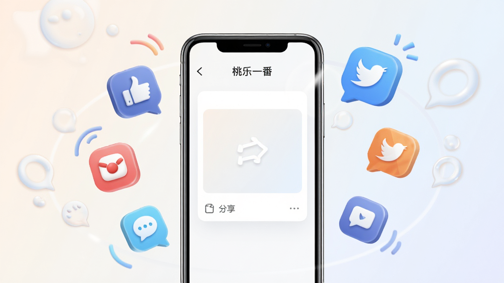 桃乐一番社交分享功能展示图,画面中一部手机屏幕显示分享界面,周围环绕着社交图标和动态气泡,布局采用手机居中、元素环绕式排版,风格为现代简约的科技插画风,细节包括手机边框的高光、图标的立体感、背景的浅色渐变,画质清晰,画面干净,无多余元素,图片中文字标注“桃乐一番”