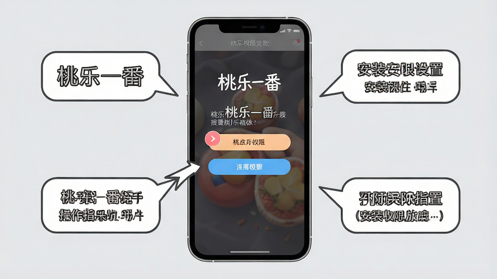 桃乐一番新手操作指引示意图,画面中一部手机展示桃乐一番的安装权限设置界面,旁边有箭头标注和提示气泡,布局采用手机居中、说明文字环绕的排版,风格为简洁明了的教程插画风,细节包括界面按钮的高亮、箭头的指向、背景的浅灰底色,画质清晰,画面干净,无多余元素,图片中文字标注“桃乐一番”