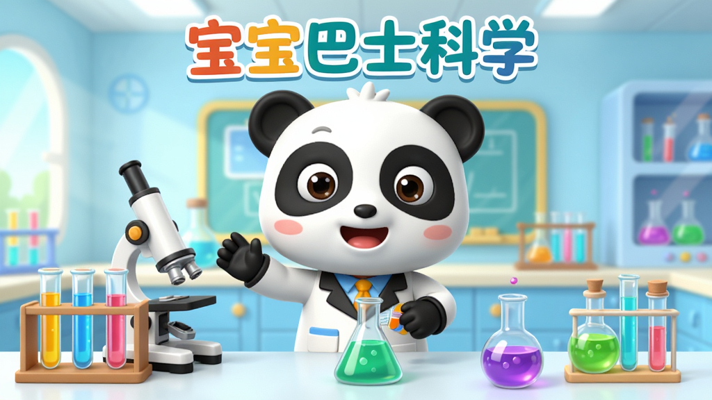 宝宝巴士科学应用主界面,画面中央展示可爱的卡通熊猫博士正在引导小朋友做科学实验,背景是明亮的实验室场景,布局采用中心对称构图,排版清晰展示软件名称“宝宝巴士科学”,风格为3D卡通渲染,细节包含试管、显微镜、彩色液体等元素,画质高清,画面干净,无多余元素