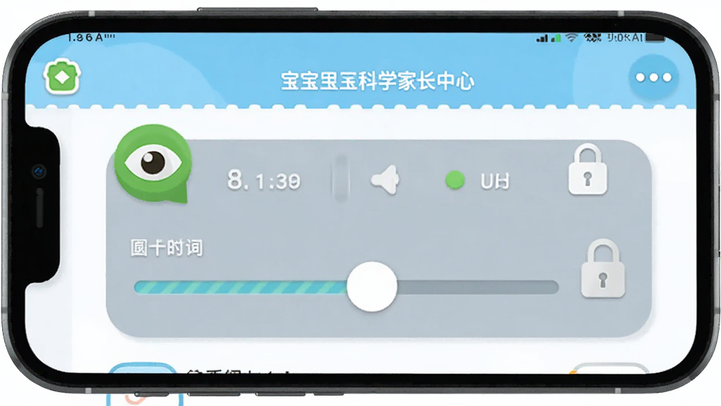 宝宝巴士科学家长中心设置界面,画面主体为手机屏幕显示家长控制面板,布局居中,排版清晰展示时间设置滑块,风格为扁平化UI设计,细节包含眼睛保护图标和时间锁图标,画质干净,无多余元素