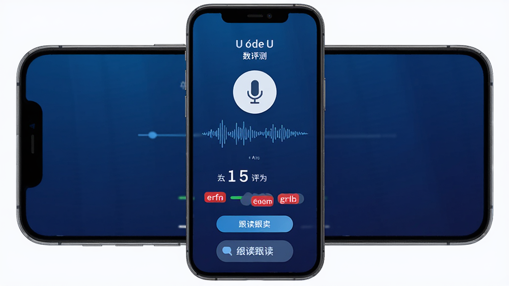 法语U学院语音评测功能界面,手机屏幕显示麦克风图标与波形图,下方有发音评分与红色标注的错误音素,背景为深蓝色渐变,布局为居中卡片式,风格科技感与教育感结合,细节包含分数数字与跟读按钮,画质高清、干净、无多余元素