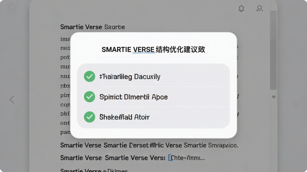 主体为 Smartie Verse 结构优化建议弹窗,布局为居中卡片式弹窗覆盖在文稿上方,排版突出建议条目,风格为柔和圆角设计,细节包括绿色对勾图标与浅灰色背景,画质清晰,干净,无多余元素