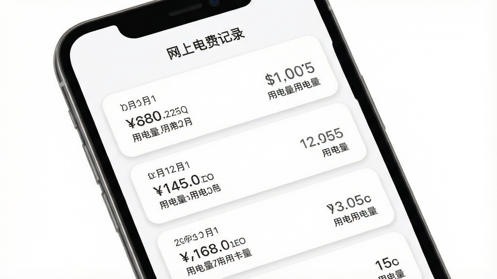 手机屏幕中显示“网上电费记录”软件的电费记录管理界面,画面主体为一部手机,屏幕内呈现按月份排列的电费列表卡片,每张卡片标注金额与用电量,布局为纵向列表,排版整齐,风格为扁平化设计,细节上卡片带有轻微圆角和阴影,背景为纯白色,画质清晰,画面干净,无多余元素