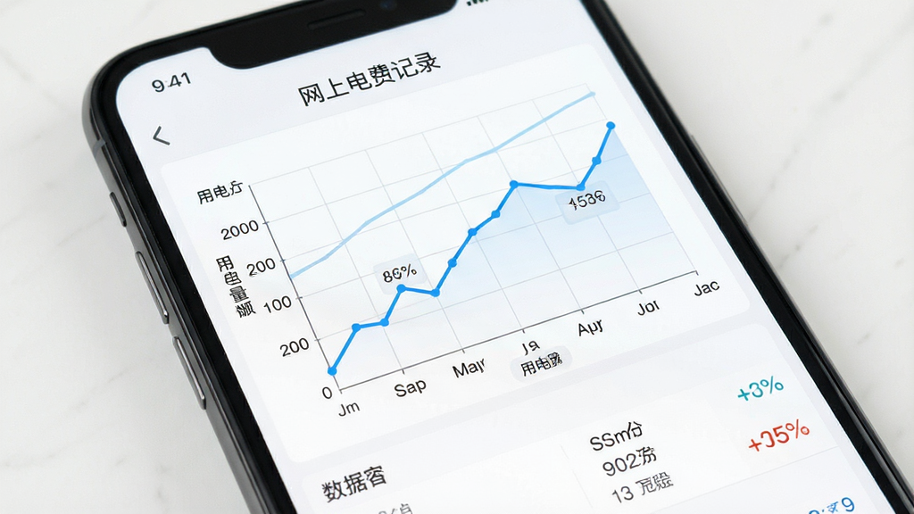 一部手机展示“网上电费记录”软件的用电趋势图表界面,屏幕中央为折线图,横轴为月份,纵轴为用电量,线条为蓝色,背景为白色网格,布局为图表在上、数据摘要在下,风格为数据可视化风格,细节上图表标注清晰,画面干净,画质高清,无多余元素