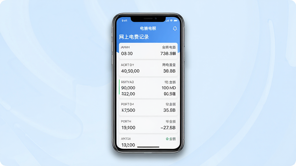 一款名为“网上电费记录”的手机应用界面展示图,画面中央是一部竖直放置的智能手机,屏幕显示电费记录列表界面,包含月份、金额、用电量等条目,布局简洁清晰,排版采用上下结构,风格为现代简约科技风,细节上手机边缘有轻微阴影,背景为淡蓝色渐变,画质高清,画面干净,无多余元素
