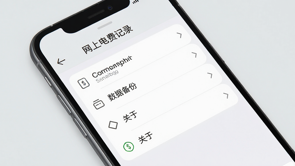 一部手机展示“网上电费记录”软件设置界面,画面中手机呈倾斜角度,屏幕显示权限管理、数据备份、关于软件等选项,布局为纵向菜单列表,风格为清爽极简风,细节上图标线条细腻,背景为浅灰色,画质高清,画面干净,无多余元素