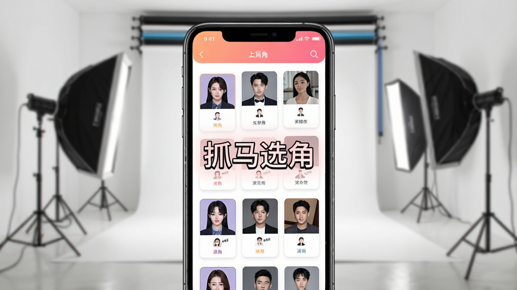 一张展示抓马选角APP界面的手机样机图,手机屏幕显示角色列表和演员卡片,背景是简约的摄影棚场景,画质清晰,色彩明亮,干净无多余元素,画面中央有