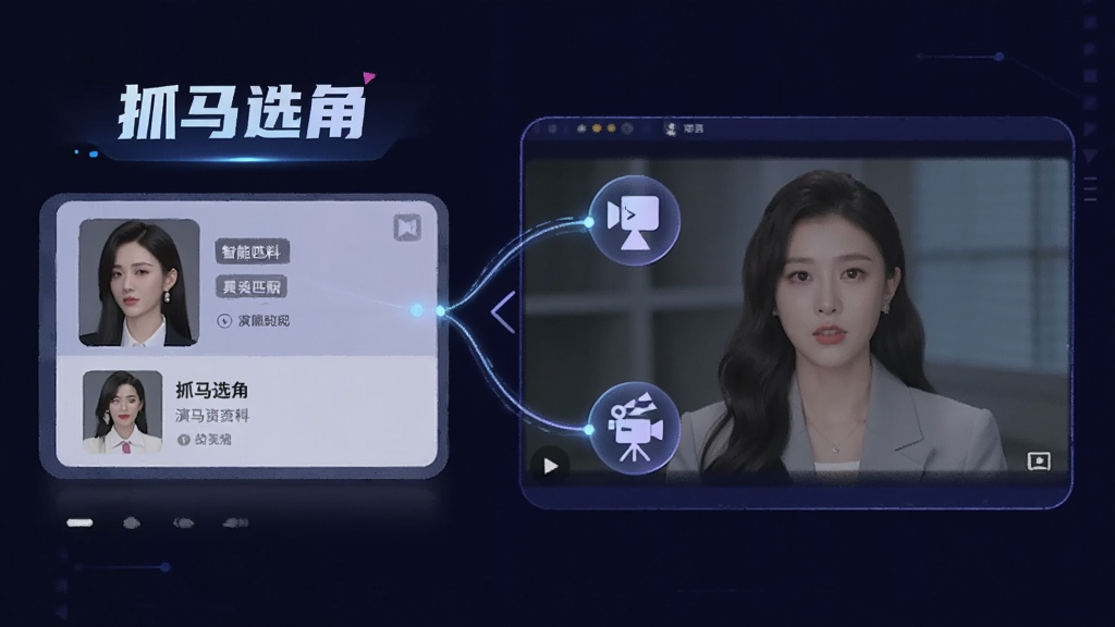 一张展示演员资料卡与视频面试界面的科技感概念图,画面中有