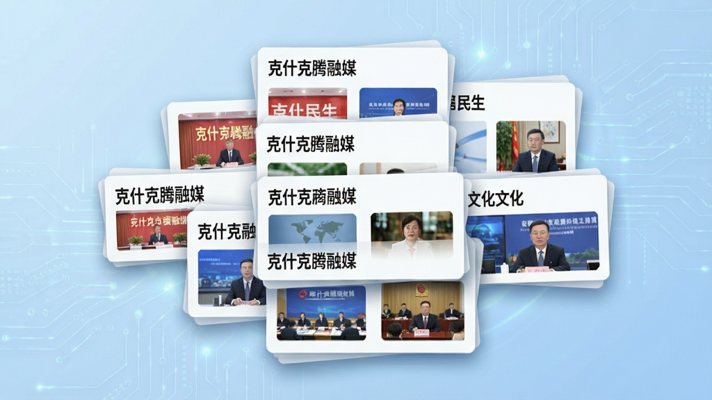 画面主体为一组悬浮的新闻卡片,卡片上标注“克什克腾融媒”字样,分别显示时政、民生、文化等不同类别新闻标题与缩略图。布局采用错落有致的层叠排列,背景为淡蓝色渐变科技纹理。风格简洁商务,细节上卡片边缘有轻微阴影,文字清晰可辨。画质高清,干净无多余元素。