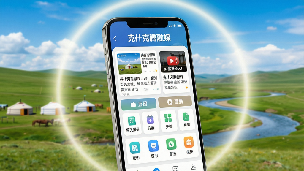 画面中央展示一部智能手机,手机屏幕内呈现克什克腾融媒APP的主界面,顶部有“克什克腾融媒”文字标识,界面包含新闻资讯卡片、直播入口、便民服务图标等元素。手机背景为克什克腾旗草原风光,蓝天白云、绿草如茵、远处有蒙古包和蜿蜒河流。整体布局采用居中构图,手机略微倾斜展示,四周环绕柔和光晕。风格为现代科技感与自然风光融合,细节清晰,界面图标精致,画质高清,干净明亮,无多余元素。