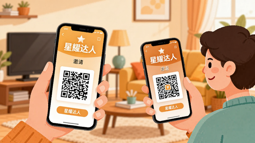 画面中两个卡通人物手持手机,手机屏幕显示“星耀达人”邀请页面与二维码,背景为温馨的客厅场景,采用扁平插画风格,色彩温暖,细节丰富,画质干净,无多余元素