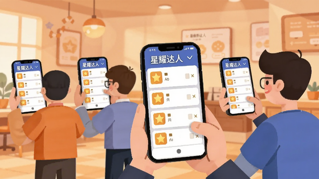画面展示一个虚拟任务大厅场景,多位卡通风格的用户形象手持手机查看任务面板,面板上显示“星耀达人”任务列表,背景为暖色调室内环境,采用扁平插画风格,细节丰富,画质干净,无杂乱元素