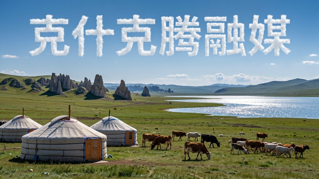 画面为克什克腾旗草原风光,近处有蒙古包和牛羊,远处有石林地貌与湖泊,天空中有“克什克腾融媒”文字云朵。布局采用广角视野,三分法构图。风格写实风景摄影,细节上草地纹理清晰,湖水波光粼粼,画质高清,干净无多余元素。